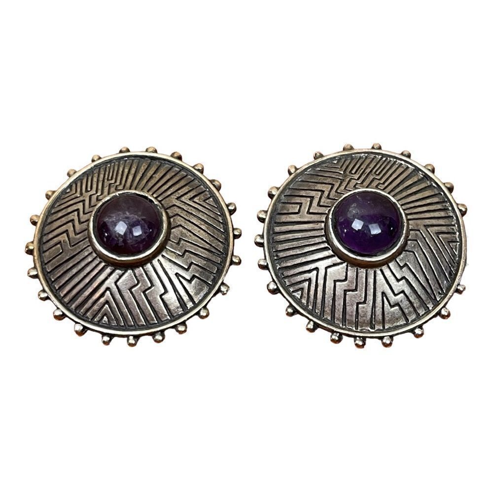 Laurel Burch Vintage Round Clip Earrings Gemstone Southwestern Country 80s